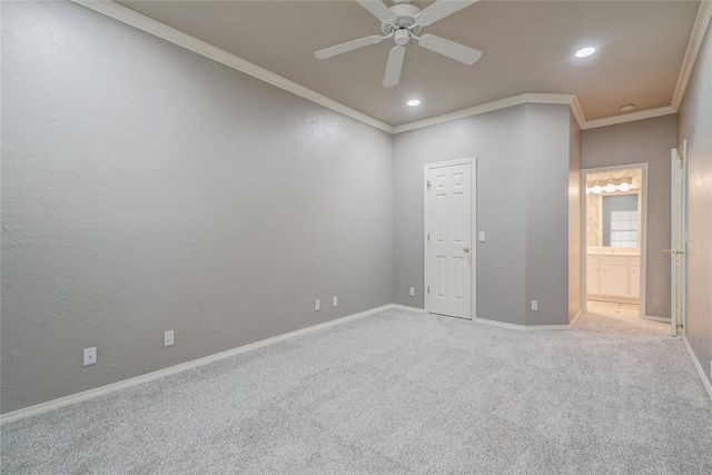 1900 NW 159th Pl, Edmond, OK 73013 - unfurnished bedroom with carpet floors, ornamental molding, recessed lighting, ensuite bathroom, and ceiling fan