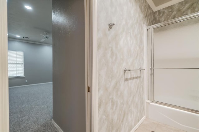 1900 NW 159th Pl, Edmond, OK 73013 - bathroom with bath / shower combo with glass door, ornamental molding, and recessed lighting