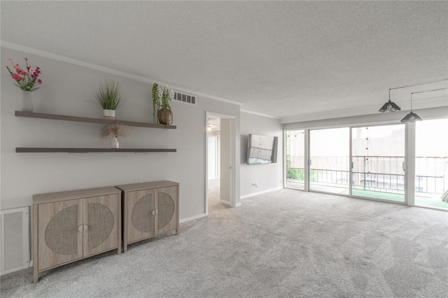 6100 N Brookline Ave Unit 20, Oklahoma City, OK 73112 - unfurnished living room featuring a textured ceiling, carpet flooring, and ornamental molding