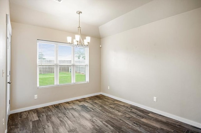 2020 Sara Vista Dr, Yukon, OK 73099 - unfurnished room featuring a chandelier, dark wood-type flooring, and lofted ceiling
