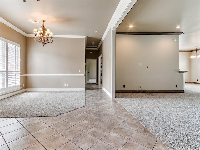 112 Lakeview Ct, Edmond, OK 73003 - unfurnished room with a chandelier, light colored carpet, ornamental molding, light tile patterned flooring, and recessed lighting