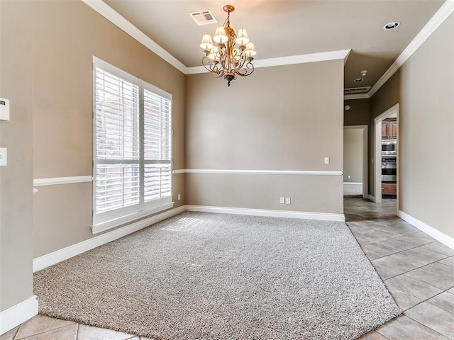 112 Lakeview Ct, Edmond, OK 73003 - tiled spare room featuring crown molding, a chandelier, and carpet flooring