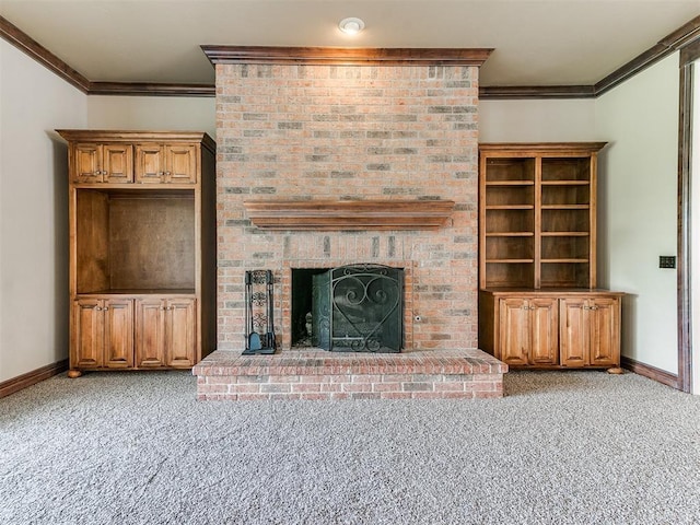 112 Lakeview Ct, Edmond, OK 73003 - unfurnished living room with carpet, ornamental molding, and a fireplace