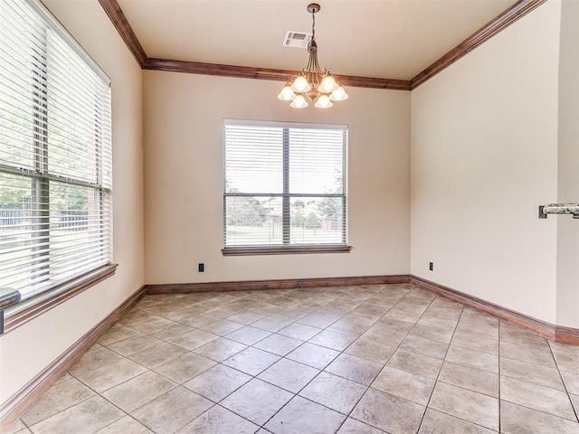 112 Lakeview Ct, Edmond, OK 73003 - spare room with healthy amount of natural light, a chandelier, ornamental molding, and light tile patterned floors