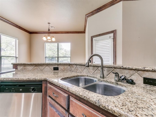 112 Lakeview Ct, Edmond, OK 73003 - kitchen featuring dishwasher, a chandelier, plenty of natural light, light stone counters, and crown molding