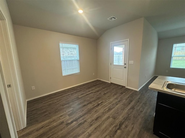 9505 Saddle Dr, Yukon, OK 73099 - interior space with dark wood finished floors, plenty of natural light, and vaulted ceiling
