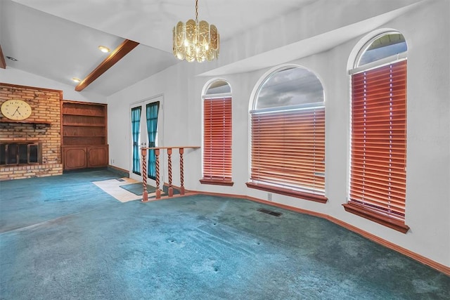 813 Tottingham Rd, Anadarko, OK 73005 - unfurnished living room with carpet, a chandelier, vaulted ceiling, and a brick fireplace