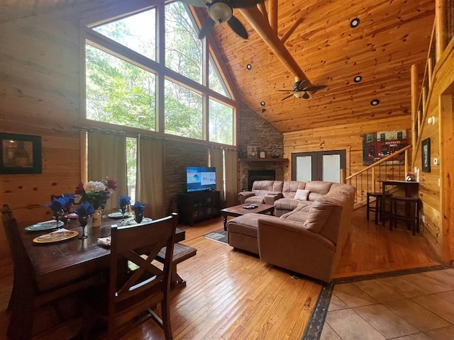 113 Bentwater Rd, Broken Bow, OK 74728 - living area with high vaulted ceiling, ceiling fan, wood walls, wood ceiling, and a fireplace