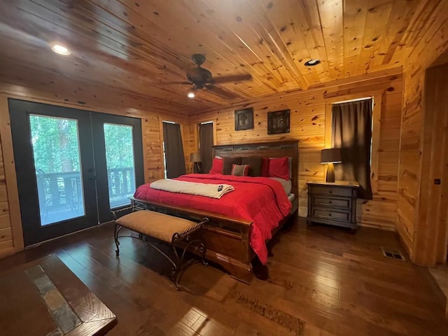 113 Bentwater Rd, Broken Bow, OK 74728 - bedroom with french doors, hardwood / wood-style floors, wood walls, wooden ceiling, and access to outside