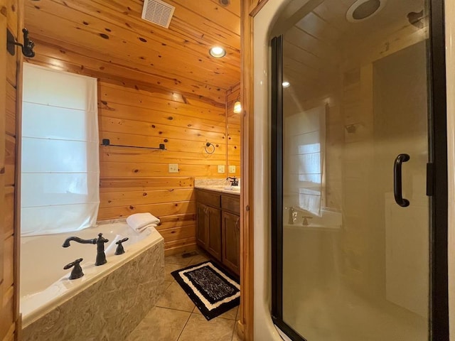 113 Bentwater Rd, Broken Bow, OK 74728 - full bath featuring tile patterned flooring, a shower stall, vanity, a bath, and wood walls