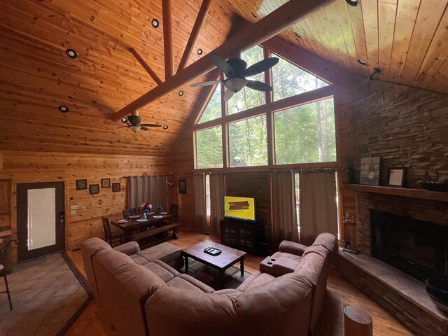 113 Bentwater Rd, Broken Bow, OK 74728 - living room featuring wooden ceiling, high vaulted ceiling, ceiling fan, a fireplace, and wood walls