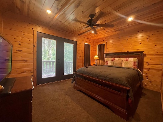 113 Bentwater Rd, Broken Bow, OK 74728 - bedroom featuring access to exterior, wooden walls, wood ceiling, carpet flooring, and recessed lighting