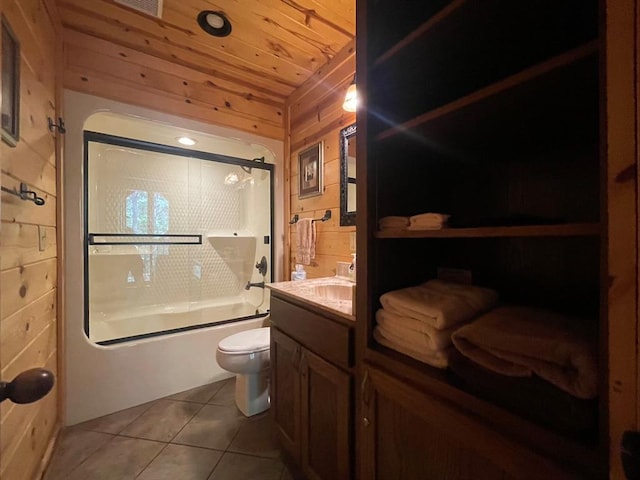 113 Bentwater Rd, Broken Bow, OK 74728 - bathroom with tile patterned flooring, combined bath / shower with glass door, vanity, wood ceiling, and wooden walls