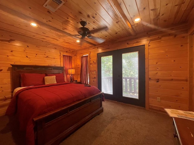 113 Bentwater Rd, Broken Bow, OK 74728 - bedroom featuring wood ceiling, access to exterior, wooden walls, carpet flooring, and recessed lighting