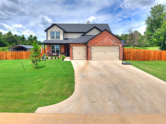 11712 Muirfield Ln, Guthrie, OK 73044 - view of front facade featuring a garage, brick siding, concrete driveway, roof with shingles, and covered porch