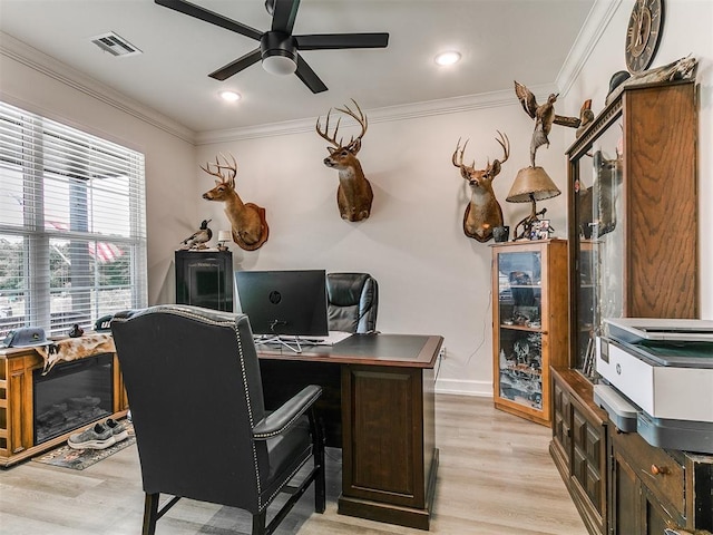 11712 Muirfield Ln, Guthrie, OK 73044 - home office featuring a ceiling fan, light wood-style flooring, and ornamental molding