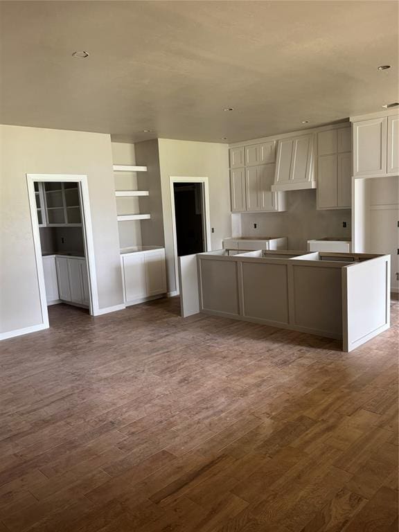 203 W Holly St, Tuttle, OK 73089 - kitchen with custom range hood, wood finished floors, a center island, and built in features