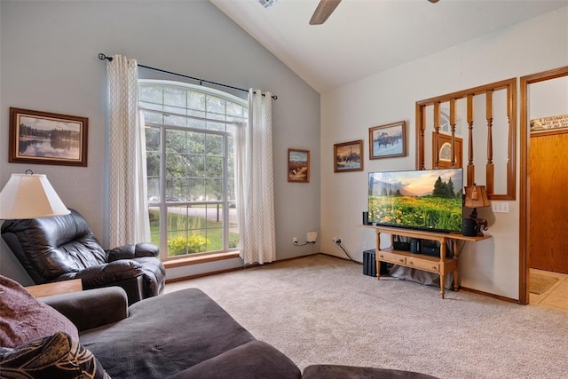 1748 Logans Run, Chandler, OK 74834 - carpeted living room with a ceiling fan and high vaulted ceiling