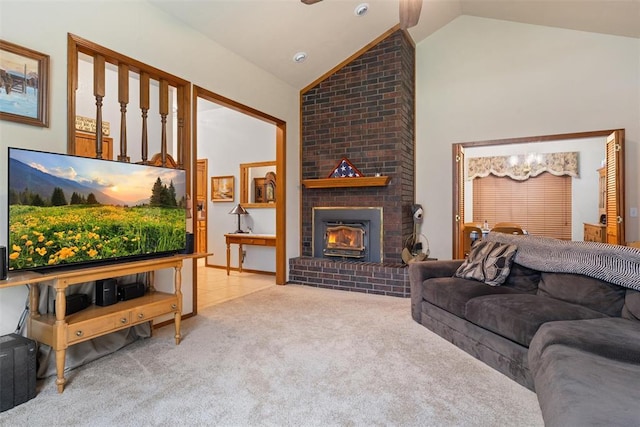 1748 Logans Run, Chandler, OK 74834 - living room with carpet flooring, high vaulted ceiling, and a fireplace