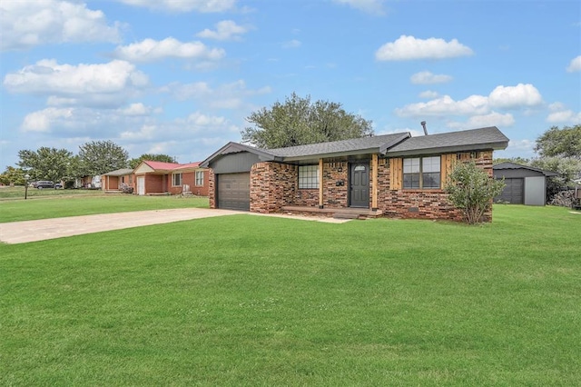 1712 N 4th St, Sayre, OK 73662 - ranch-style home with driveway, a front yard, a garage, and brick siding
