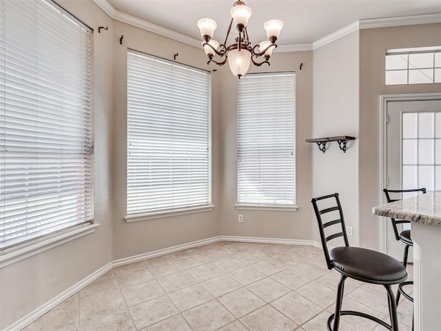 1810 Sandpiper Dr, Blanchard, OK 73010 - unfurnished dining area with a chandelier, light tile patterned flooring, and ornamental molding