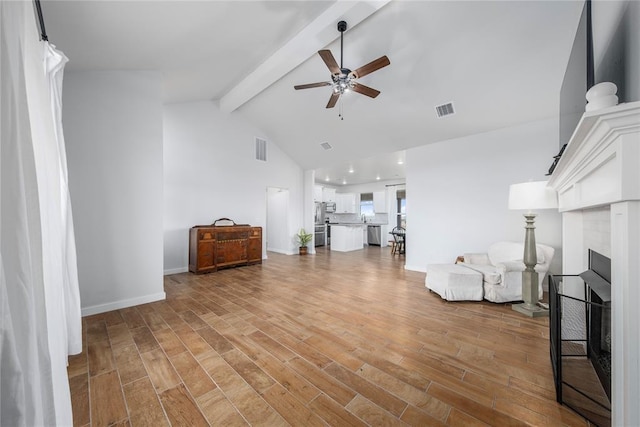 2326 County Road 1335, Blanchard, OK 73010 - unfurnished living room with beamed ceiling, a ceiling fan, a fireplace, light wood-style floors, and high vaulted ceiling