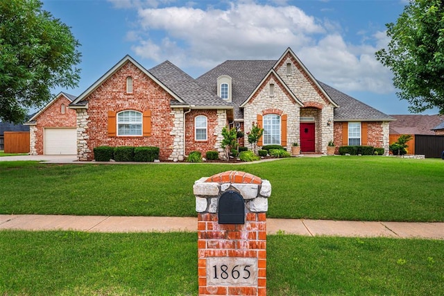 1865 Buckskin Ct, Blanchard, OK 73010 - french country inspired facade featuring stone siding, a shingled roof, brick siding, and concrete driveway