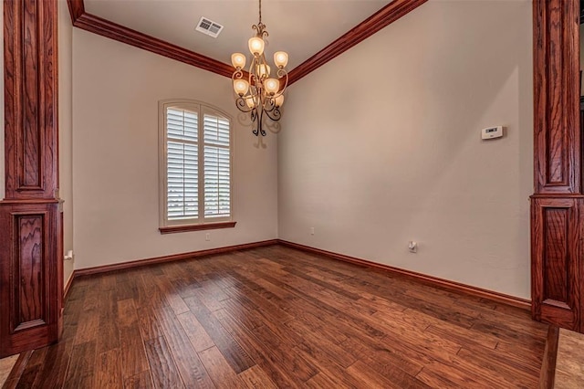 1865 Buckskin Ct, Blanchard, OK 73010 - empty room featuring a chandelier, ornamental molding, and dark wood-type flooring