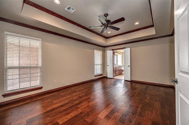 1865 Buckskin Ct, Blanchard, OK 73010 - unfurnished room featuring a raised ceiling, ornamental molding, ceiling fan, hardwood / wood-style floors, and recessed lighting