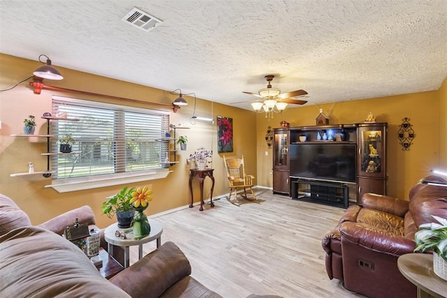349760 E 970th Rd, Sparks, OK 74869 - living room featuring a ceiling fan, a textured ceiling, and wood finished floors