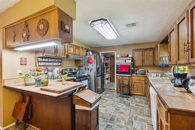 349760 E 970th Rd, Sparks, OK 74869 - kitchen with stainless steel appliances, under cabinet range hood, brown cabinets, stone finish floors, and a peninsula