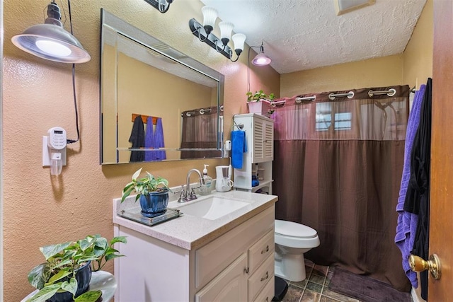 349760 E 970th Rd, Sparks, OK 74869 - bathroom with vanity, a textured ceiling, a textured wall, and a shower with curtain