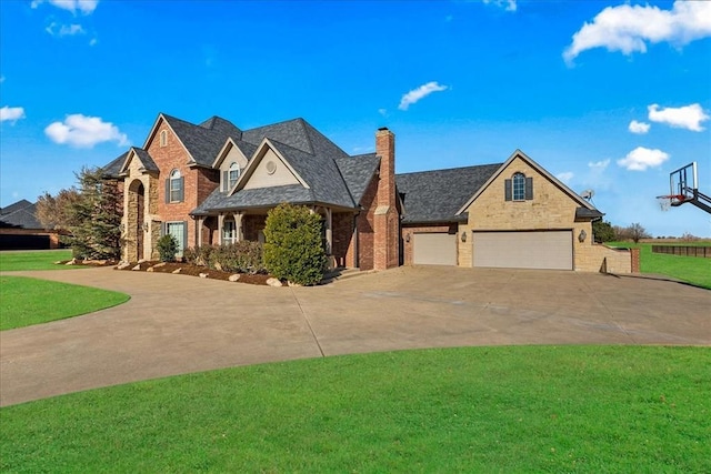 108 E Stroh Ave, Okarche, OK 73762 - view of front of property featuring a front lawn, concrete driveway, a chimney, and brick siding