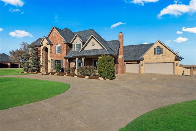 108 E Stroh Ave, Okarche, OK 73762 - view of front of property with a front lawn, concrete driveway, a chimney, brick siding, and a garage
