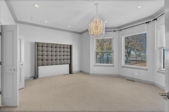 108 E Stroh Ave, Okarche, OK 73762 - spare room featuring ornamental molding, carpet, a chandelier, and recessed lighting