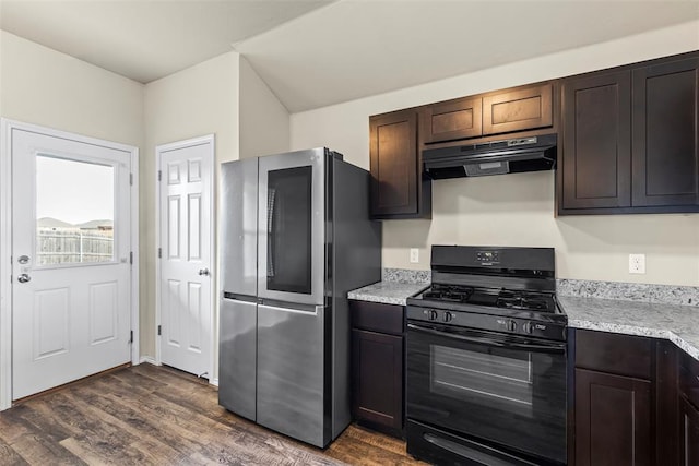 11501 Ruger Rd, Yukon, OK 73099 - kitchen featuring gas stove, extractor fan, smart refrigerator, dark wood-style flooring, and dark brown cabinetry