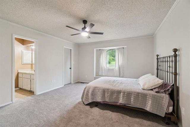 12073 N3540 Rd, Seminole, OK 74868 - bedroom featuring light colored carpet, ornamental molding, ensuite bath, a ceiling fan, and a textured ceiling