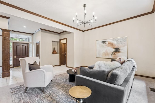 2717 Asheforde Oaks Blvd, Edmond, OK 73034 - living room with ornate columns, a chandelier, crown molding, light tile patterned flooring, and recessed lighting