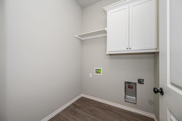 2013 W Crossbow Way, Mustang, OK 73064 - laundry room with electric dryer hookup, dark wood-type flooring, hookup for a washing machine, and cabinet space