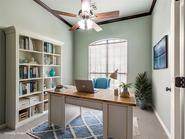 2311 Washita Trl, Edmond, OK 73003 - office featuring crown molding, a ceiling fan, and light carpet
