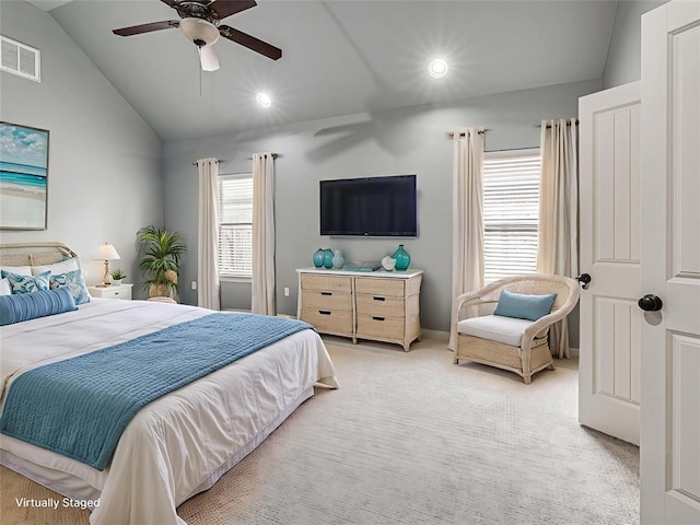 2311 Washita Trl, Edmond, OK 73003 - bedroom with light colored carpet, lofted ceiling, recessed lighting, and ceiling fan