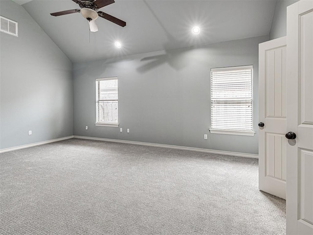 2311 Washita Trl, Edmond, OK 73003 - spare room featuring a ceiling fan, carpet floors, vaulted ceiling, and recessed lighting