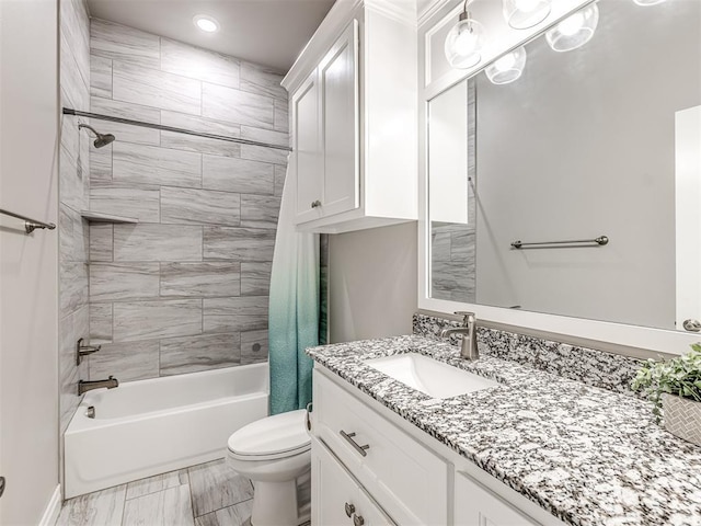 15913 Windrush Pl, Edmond, OK 73013 - full bath with shower / bath combination with curtain, vanity, marble look tile flooring, and recessed lighting