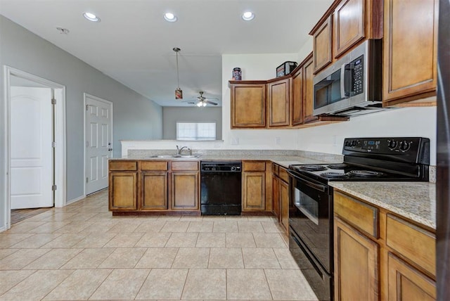 13664 NW Bradbury Ln, Piedmont, OK 73078 - kitchen with black appliances, brown cabinets, a peninsula, ceiling fan, and recessed lighting