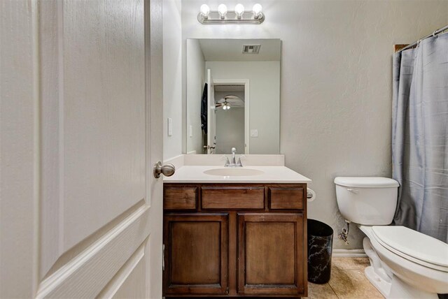 13664 NW Bradbury Ln, Piedmont, OK 73078 - bathroom with vanity, tile patterned flooring, curtained shower, and ceiling fan