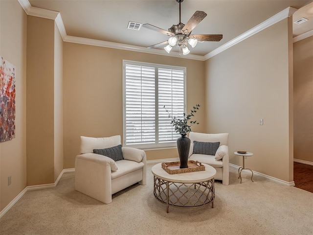325 NW 146th St, Edmond, OK 73013 - sitting room featuring a ceiling fan, ornamental molding, and carpet flooring