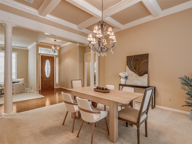 325 NW 146th St, Edmond, OK 73013 - dining room featuring a chandelier, light carpet, ornamental molding, beamed ceiling, and coffered ceiling