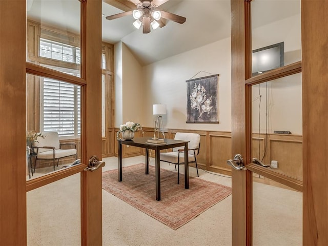 325 NW 146th St, Edmond, OK 73013 - office with a ceiling fan, wainscoting, and lofted ceiling