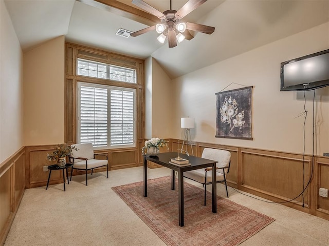 325 NW 146th St, Edmond, OK 73013 - office space featuring light colored carpet, wainscoting, ceiling fan, lofted ceiling, and a decorative wall