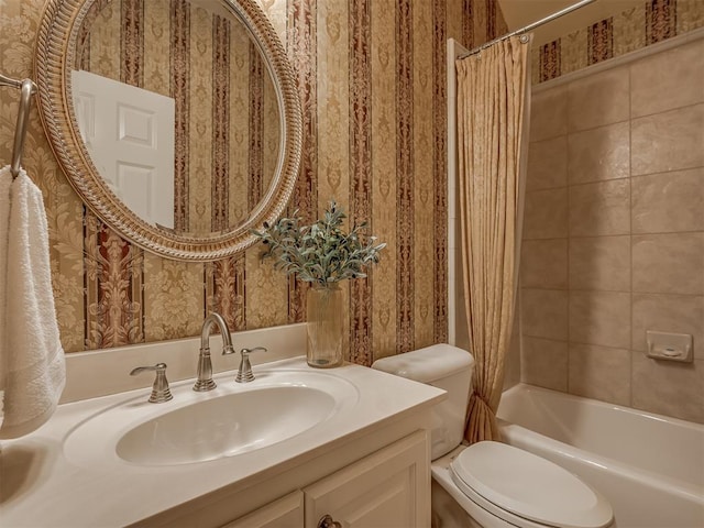 325 NW 146th St, Edmond, OK 73013 - bathroom featuring wallpapered walls, vanity, and shower / tub combo with curtain